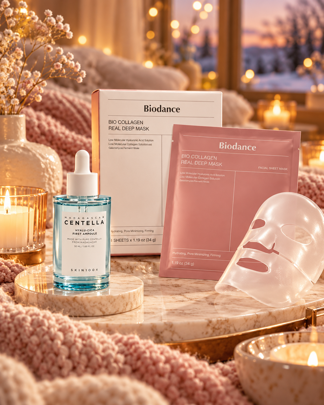 SKIN1004 Hyalu-Cica First Ampoule + Biodance Bio-Collagen Real Deep Mask – Wieczór pod Kocem, zestaw nawilżający do twarzy, 50 ml + 4 × 34 g
