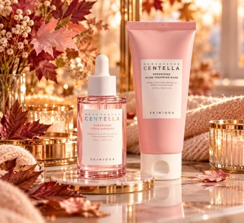 SKIN1004 Poremizing Fresh Ampoule + Glow Wrapping Mask - Autumn Reset, zestaw wygładzający do twarzy, 50 ml + 100 ml